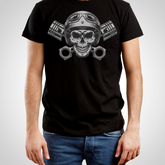 Skull in  Helmet with Pistons Short Sleeve Shirt